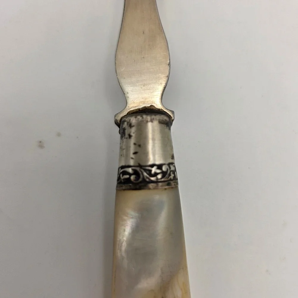 Antique Mother of Pearl Handle Meat Fork‎ Ornate Silver Ferrule Serving 2-Tine